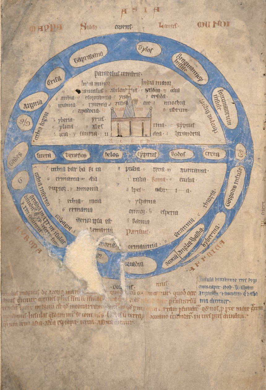 Ms 254, f.1v: Mappa Mundi, aus einem Bestiarium, ca. 1200-30 von English School
