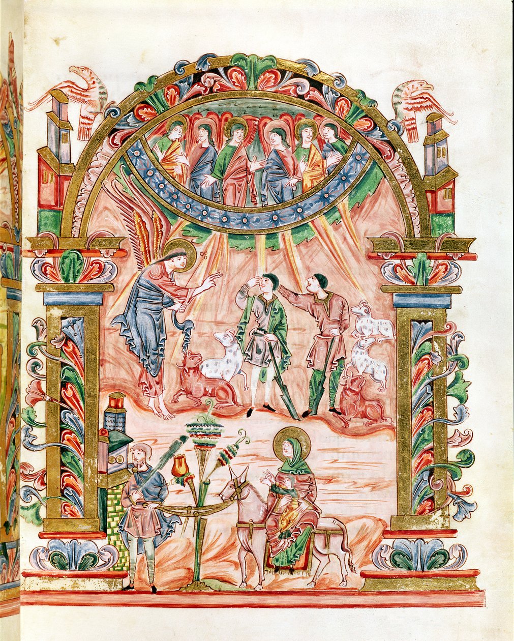Ms 274 (Y-6) fol.33 Die Verkündigung an die Hirten und die Flucht nach Ägypten, aus dem Messbuch von Robert von Jumieges, ca. 1016 von English School