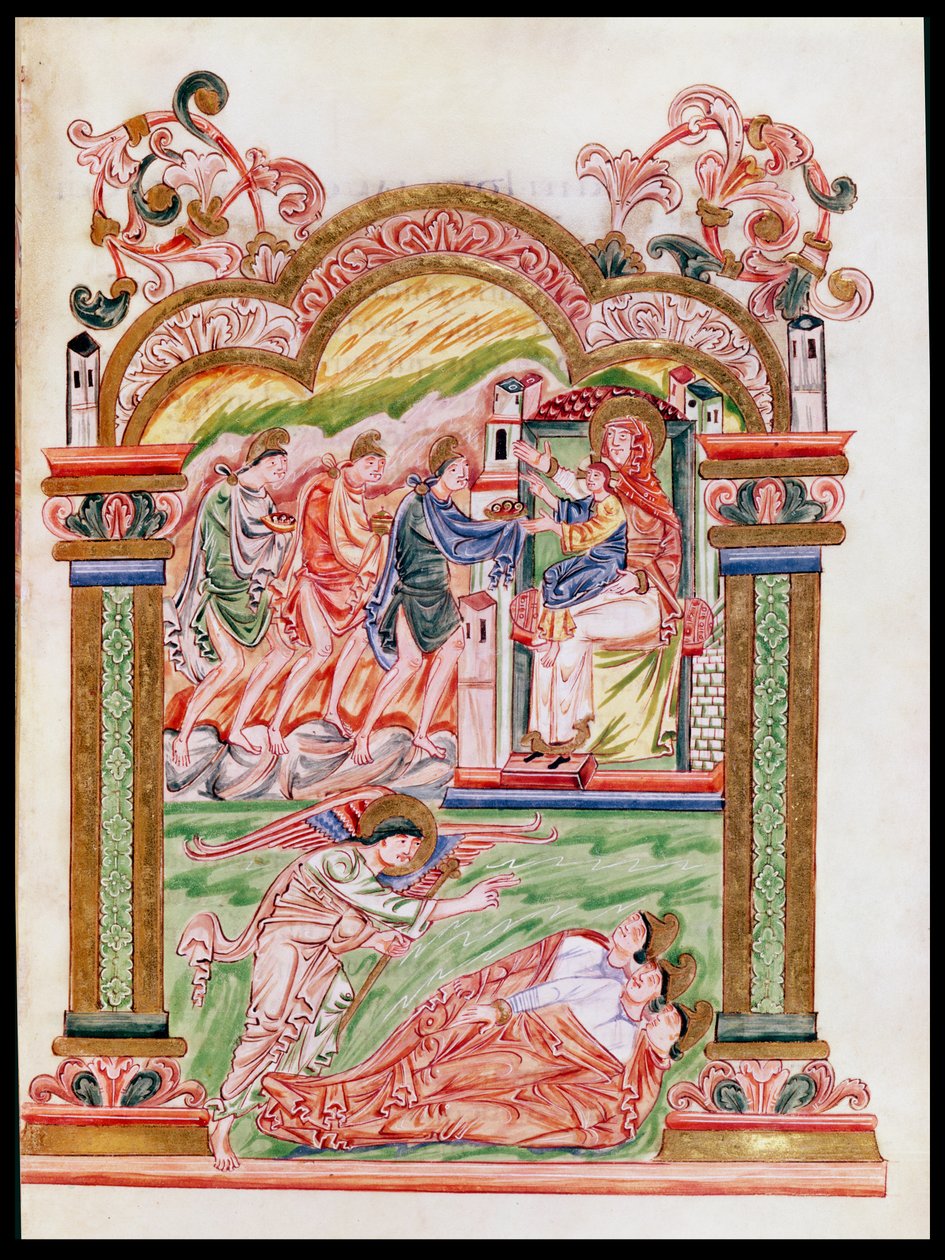 Ms 274 (Y-6) fol.37 Der Traum und die Anbetung der Weisen, aus dem Messbuch von Robert von Jumieges, ca. 1016 von English School