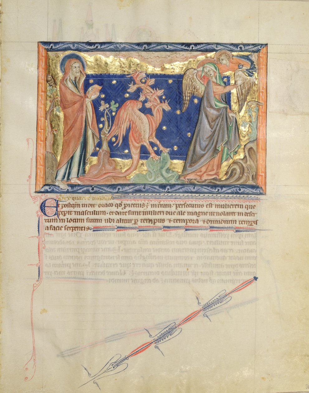Ms L.A. 139-Lisboa fol.31 St. Johannes beobachtet, wie ein Engel der Frau hilft, dem roten Drachen zu entkommen, aus der Gulbenkian-Apokalypse, ca. 1265-70 von English School