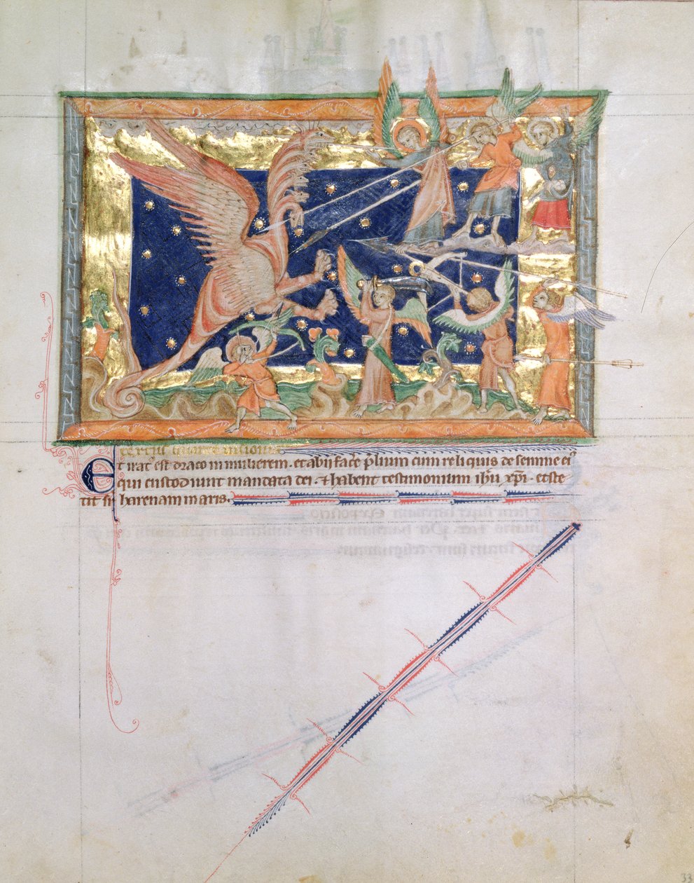 Ms L.A. 139-Lisboa fol.33 Der Drache führt Krieg mit den Gläubigen, aus der Gulbenkian-Apokalypse, ca. 1265-70 von English School