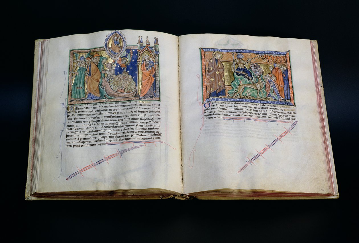 Ms L.A. 139-Lisboa fol.37v-38 Das Tier lästert den Namen Gottes, und die Menschen beten das 3. und 2. Tier an, aus der Gulbenkian-Apokalypse, ca. 1265-70 von English School