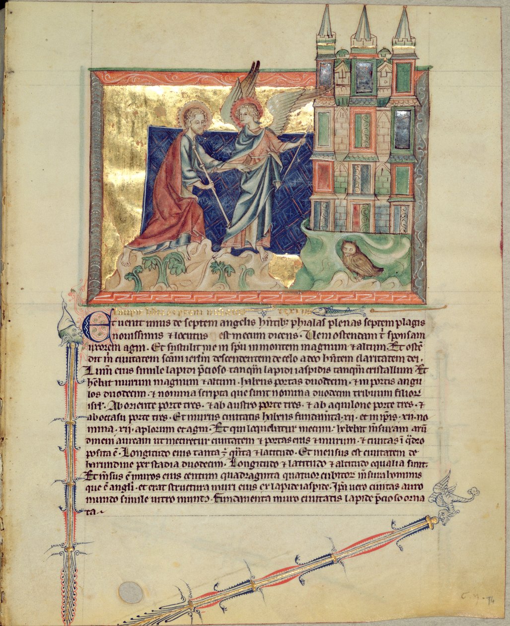 Ms L.A. 139-Lisboa fol.74 Ein Engel zeigt St. Johannes den Evangelisten das neue Jerusalem, aus der Gulbenkian-Apokalypse, ca. 1265-70 von English School
