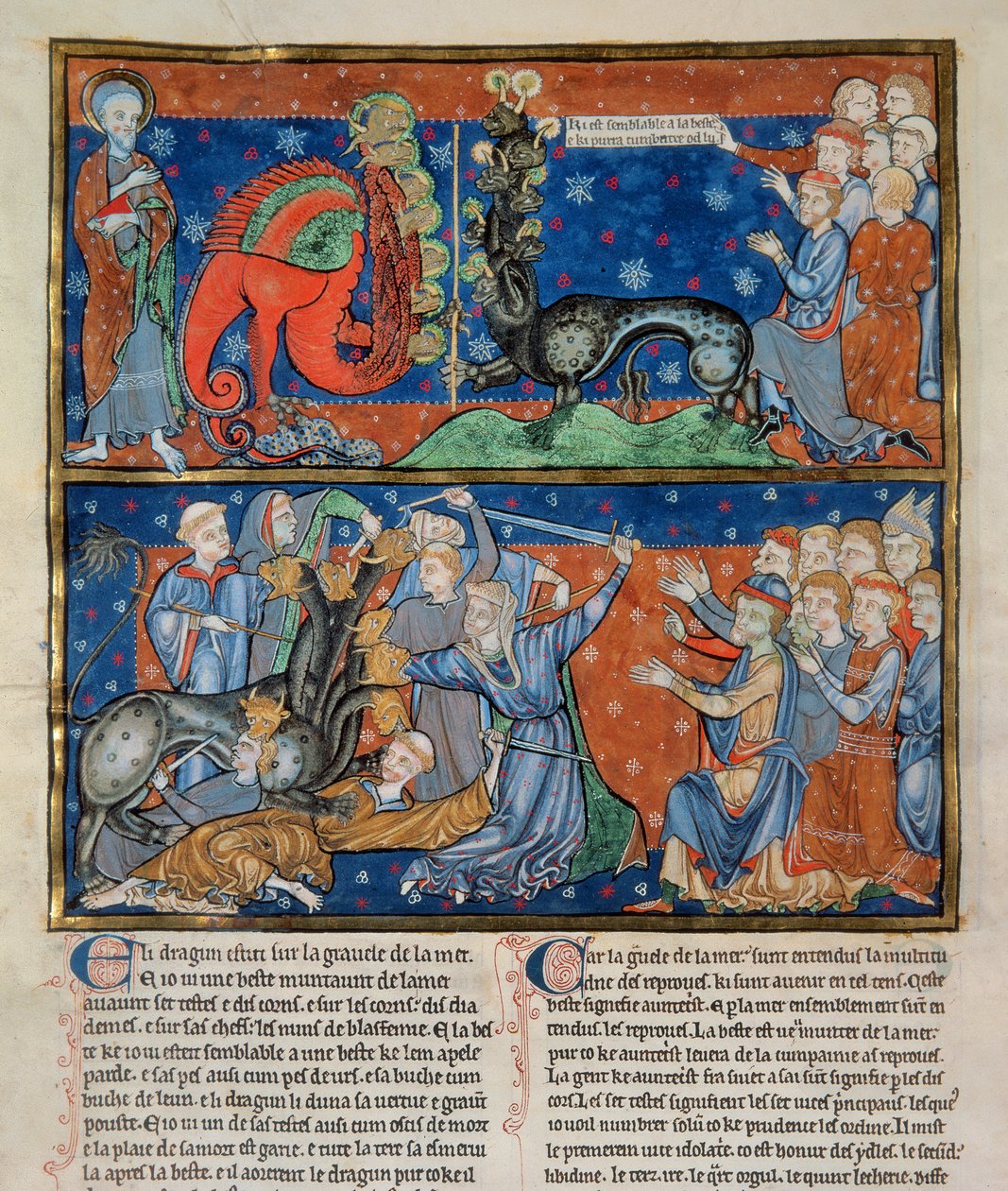 Ms R.16.2 f.14b Die Tötung des siebenköpfigen Tieres, aus der Trinity Apocalypse, Anglo-Normannisch, um 1250 (Pergament) von English School