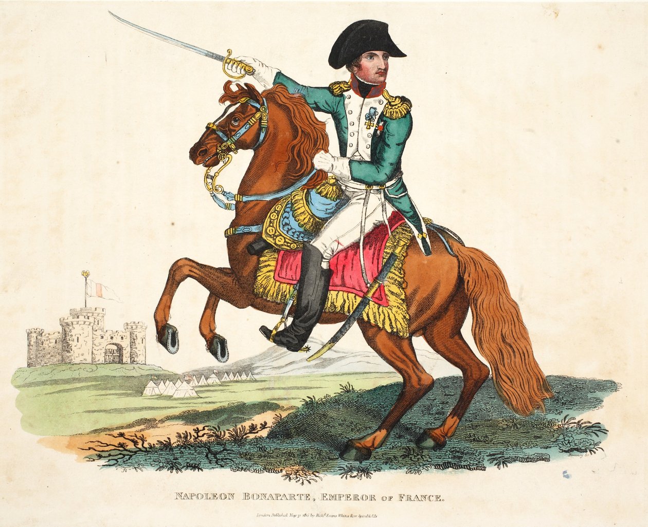 Napoleon Bonaparte, Kaiser von Frankreich, graviert von Romney, veröffentlicht von Richard Evans, Illustration aus An Historical Account of the Battle of Waterloo von William Mudford, 1816 von English School