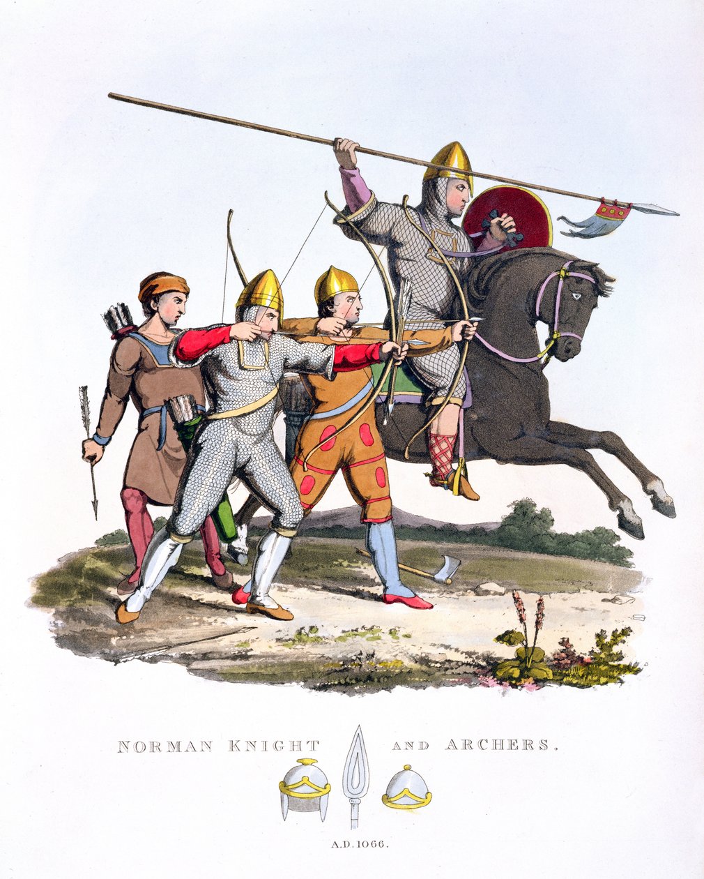 Normannischer Ritter und Bogenschützen, 1066, aus Ancient Armour von Samuel Rush Meyrick, 1824 von English School