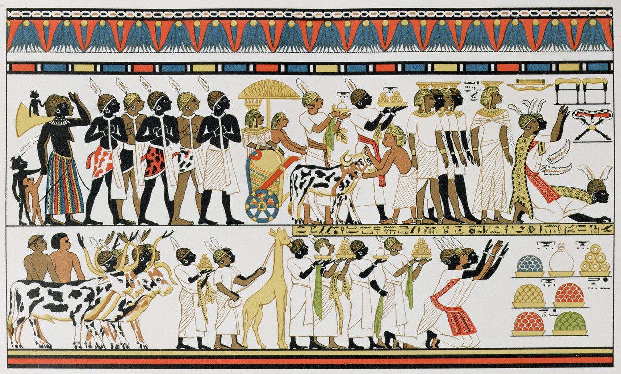 Nubische Häuptlinge bringen Geschenke zum König von Ägypten, Kopie eines altägyptischen Wandgemäldes aus einem Grab in Theben, ca. 1380 v. Chr., aus Die Geschichte der Menschheit, Bd.III, von Prof. Friedrich Ratzel, 1898 von English School