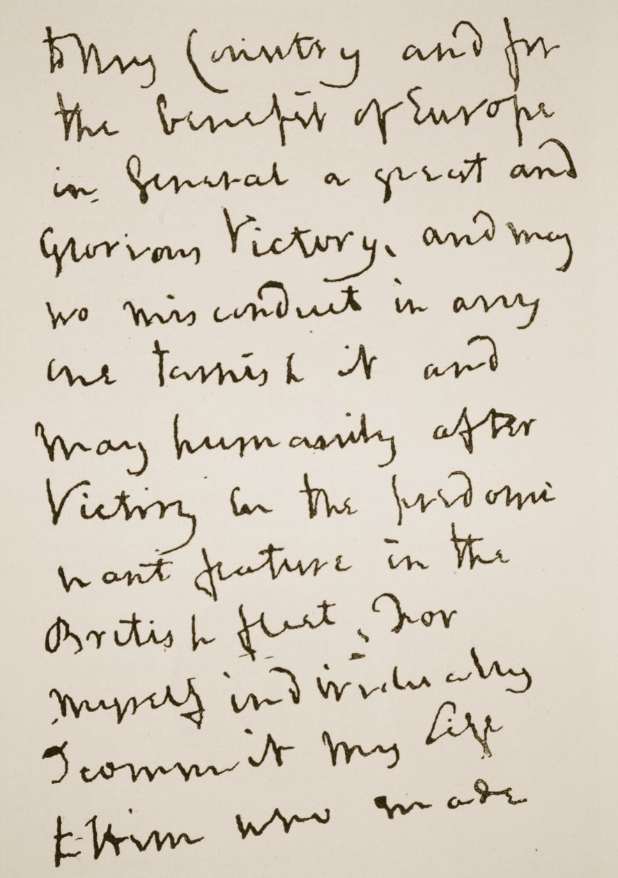 Seite eines Briefes, den Nelson kurz vor der Schlacht von Trafalgar am Montag, den 21. Oktober 1805, schrieb (Sepia-Foto) von English School