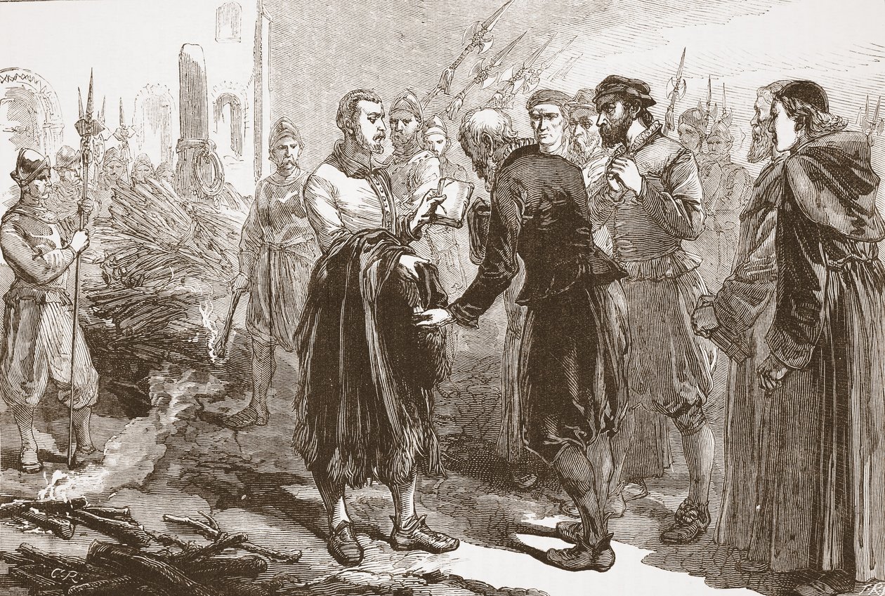 Abschied von Patrick Hamilton von seinen Freunden am Scheiterhaufen, Illustration aus The History of Protestantism von James Aitken Wylie, veröffentlicht 1878 von English School