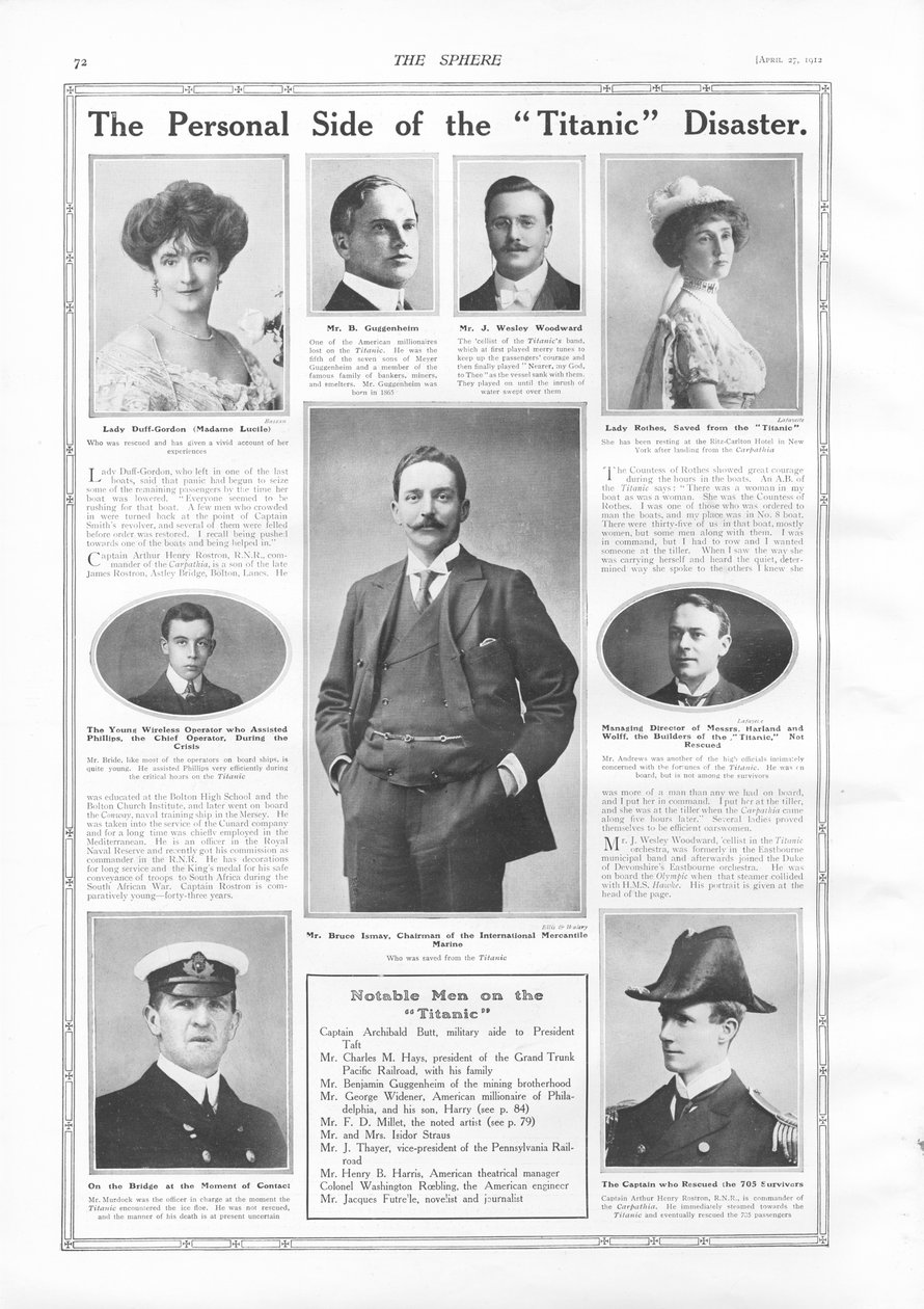 Passagiere auf der RMS Titanic, Fotografien und Informationen über bemerkenswerte Personen, die mit der Titanic verbunden sind, aus The Sphere, 27. April 1912 von English School