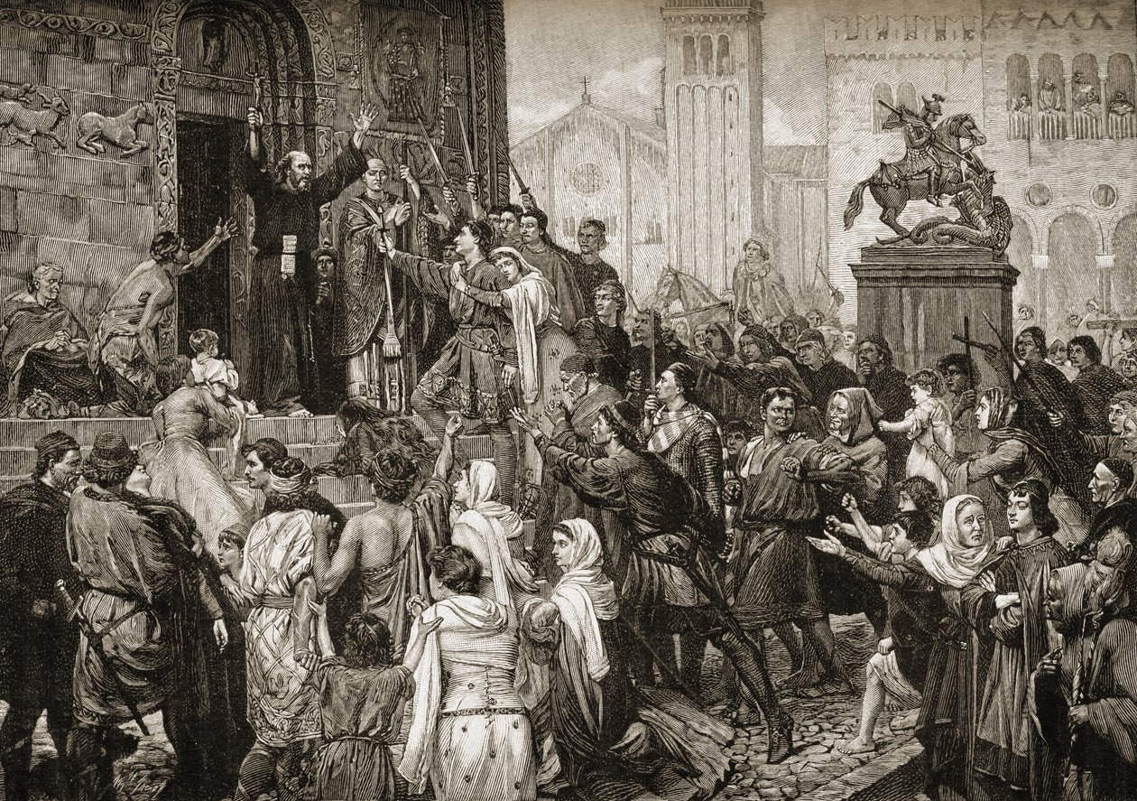 Peter der Einsiedler (1050-1115) predigt während des Ersten Kreuzzugs im Jahr 1095 von English School