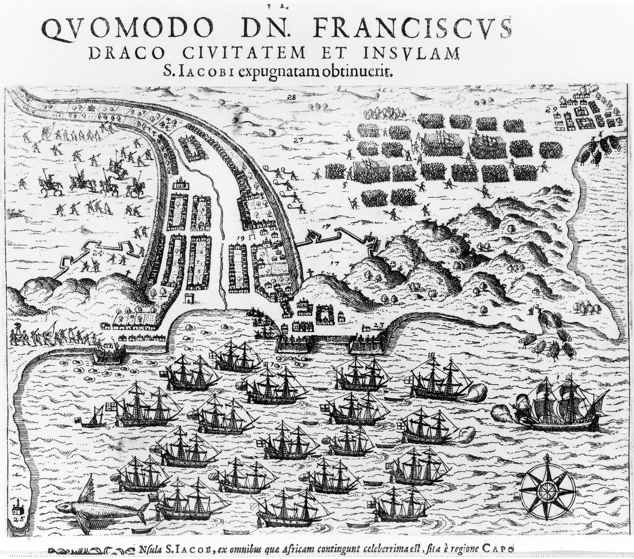 Plan, der zeigt, wie Francis Drake (um 1540-96) die Insel San Jacob stürmte und hielt von English School