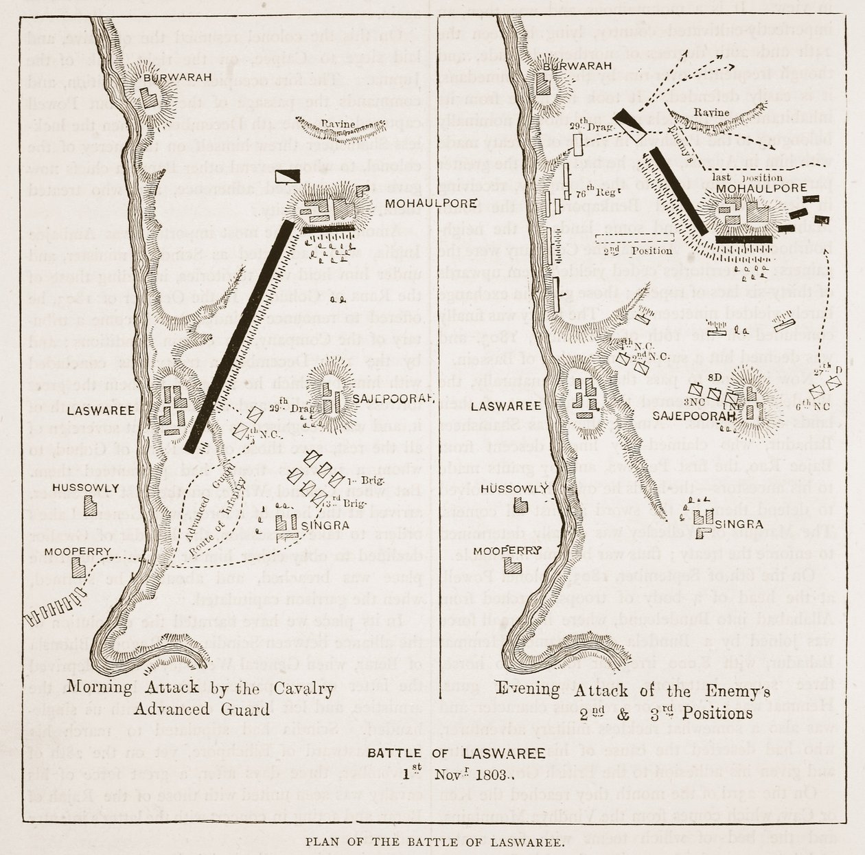 Plan der Schlacht von Laswaree, Illustration aus Cassells Illustrierter Geschichte Indiens von James Grant, veröffentlicht 1879 von English School