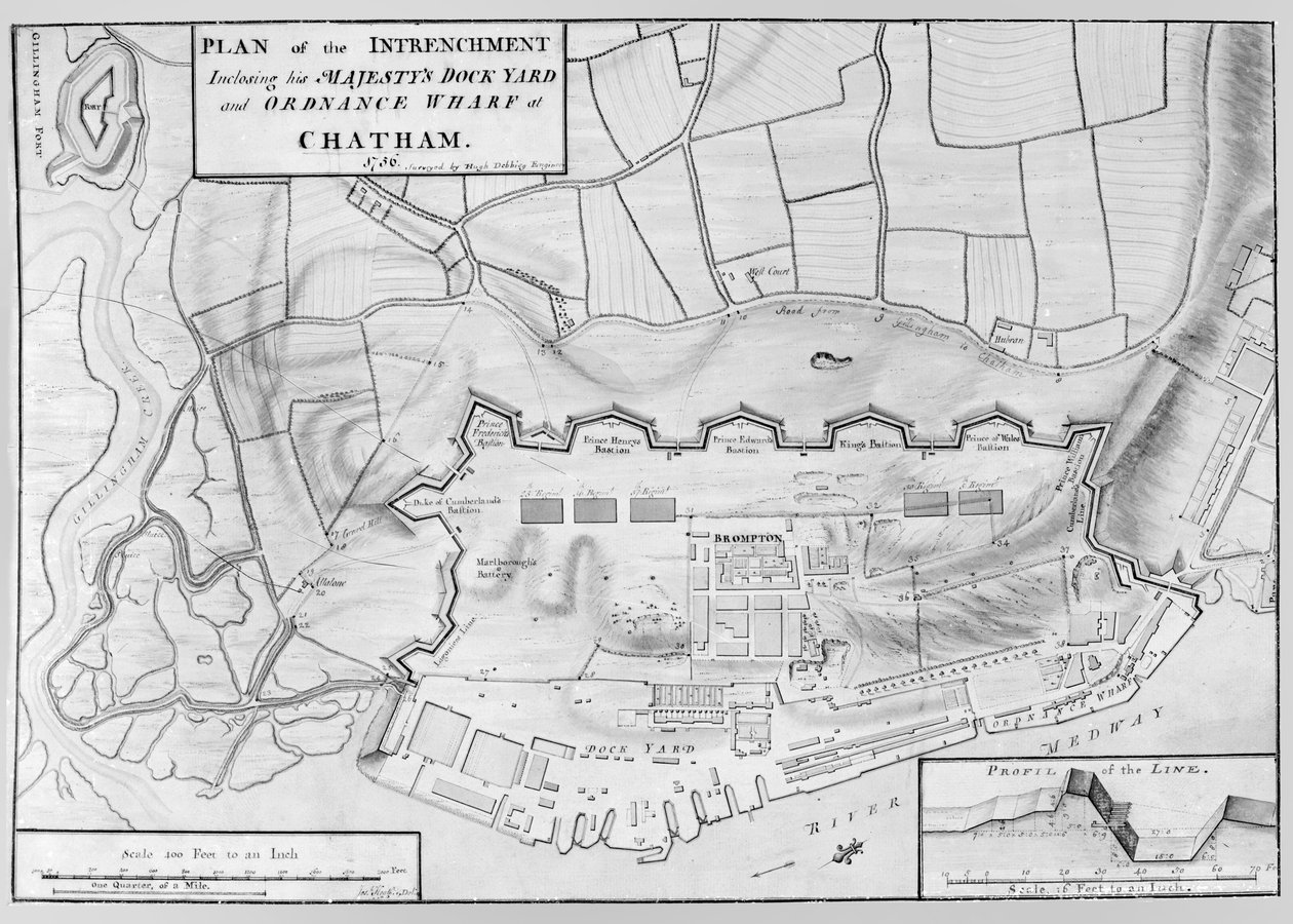 Plan der Verschanzung des Königlichen Dockyards und des Ordnance Wharfs in Chatham von English School