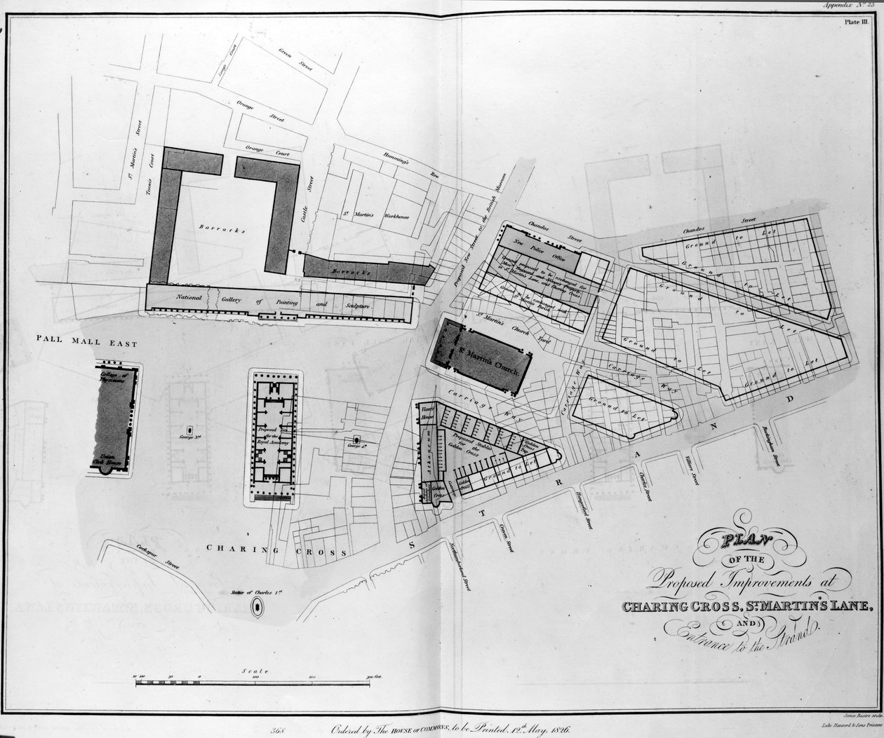Plan der vorgeschlagenen Verbesserungen am Charing Cross, St. Martins Lane und Eingang zum Strand, graviert von James Basire, 1826 von English School