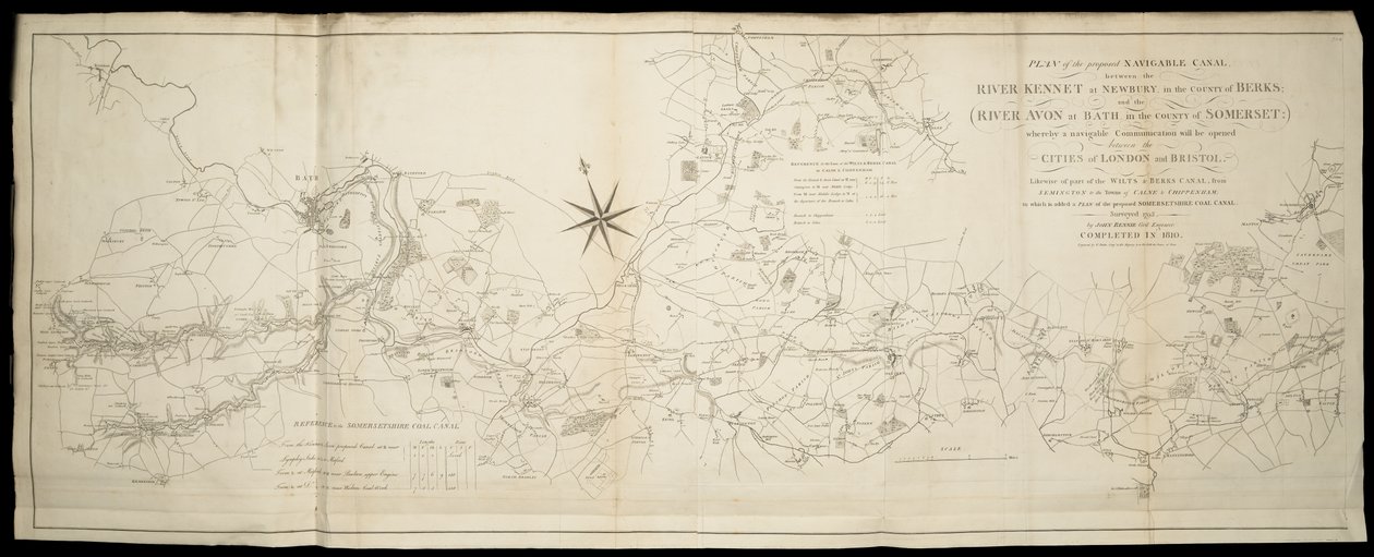 Plan des vorgeschlagenen schiffbaren Kanals zwischen dem Fluss Kennet bei Newbury in Berks und dem Fluss Avon in Somerset: wodurch eine schiffbare Verbindung zwischen London und Bristol eröffnet wird [auch] Wilts & Berks & Somerset Coal Canals / Vermessen. von English School