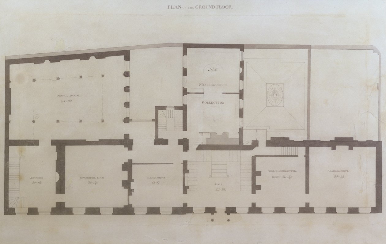 Pläne des Erdgeschosses der 21 Albemarle Street nach den ersten Änderungen am Haus nach dem Erwerb durch die Royal Institution, um 1800 von English School