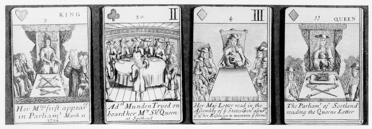 Spielkarten, die Ereignisse zu Beginn der Herrschaft von Königin Anne darstellen, aus einem Set zur Erinnerung an den Spanischen Erbfolgekrieg (1702-13) von English School