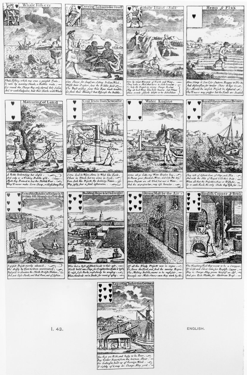 Spielkarten, die Blasenunternehmen satirisieren, ca. 1720 von English School