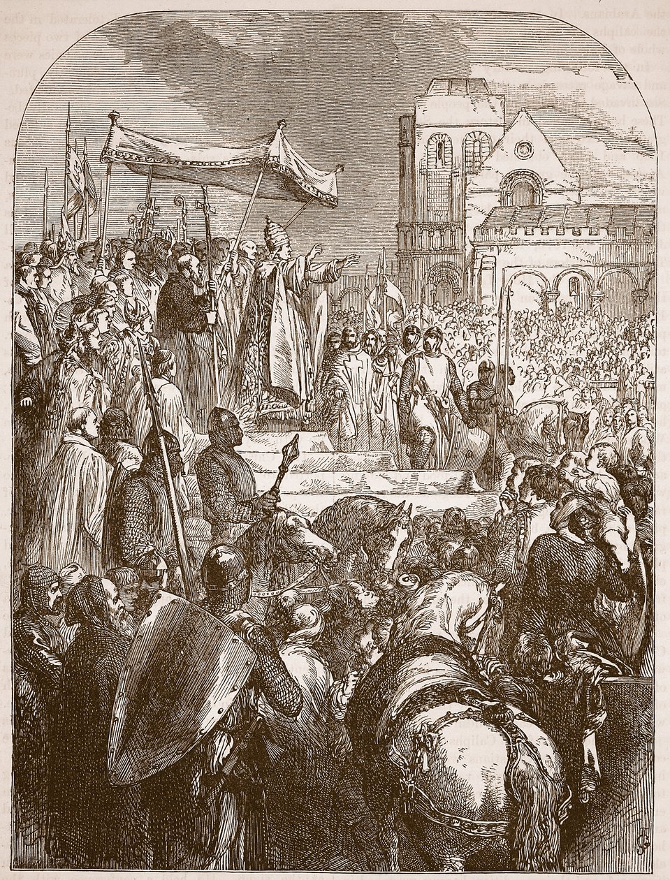 Papst Urban II. predigt den Ersten Kreuzzug auf dem Marktplatz von Clermont, 1096, Illustration aus Cassells Illustrierter Geschichte Englands von English School