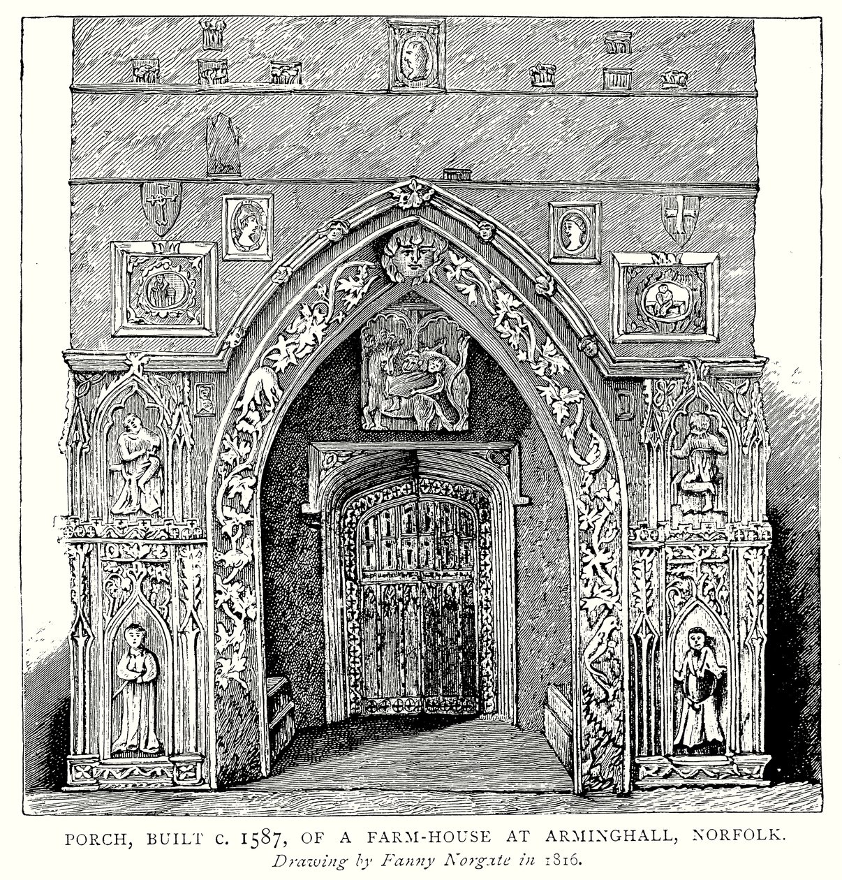 Vorhalle, erbaut um 1587, eines Bauernhauses in Arminghall, Norfolk von English School