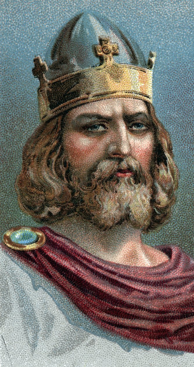 Porträt von Alfred dem Großen (Alfred the Great, 849-899), König von Wessex, 9. Jahrhundert - Aus der Serie „Leaders of Men“ - Chromolithographie - Englische Schule, 20. Jahrhundert von English School