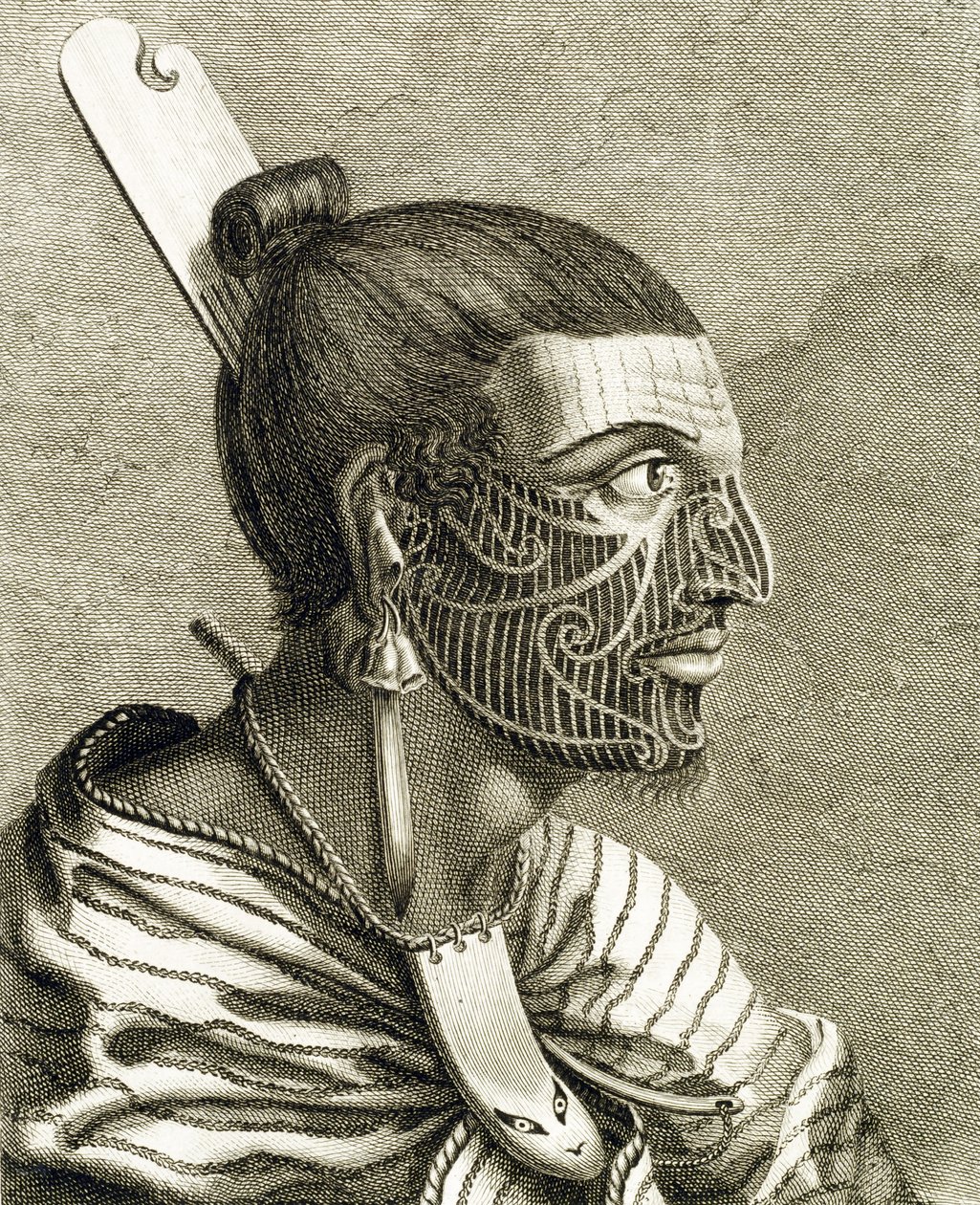 Porträt eines Maori-Mannes mit Ta Moko-Tattoos von English School