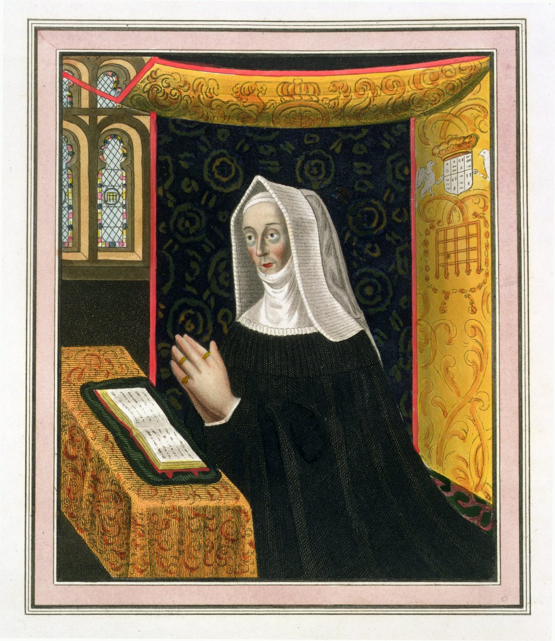 Porträt von Margaret Beaufort, Gräfin von Richmond und Derby (1443-1509), Gründerin des St. Johns College, Cambridge, aus The History of Cambridge, veröffentlicht von R. Ackermann, 1815 von English School
