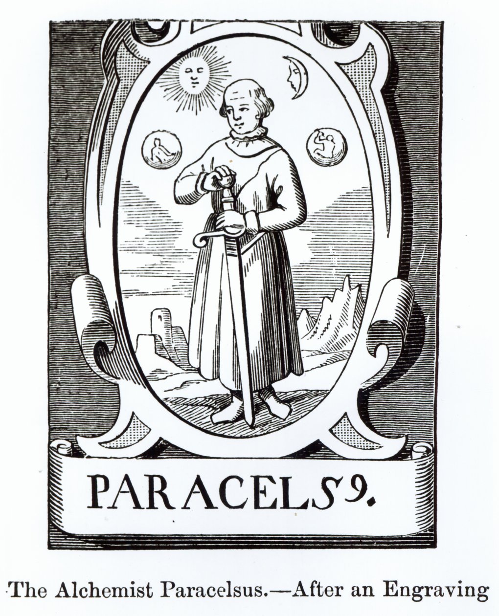 Porträt von Paracelsus (Philippus Aureolus Theophrastus) (1493-1541), Illustration aus Wissenschaft und Literatur im Mittelalter und in der Renaissance, geschrieben und graviert von Paul Lacroix, 1878 von English School