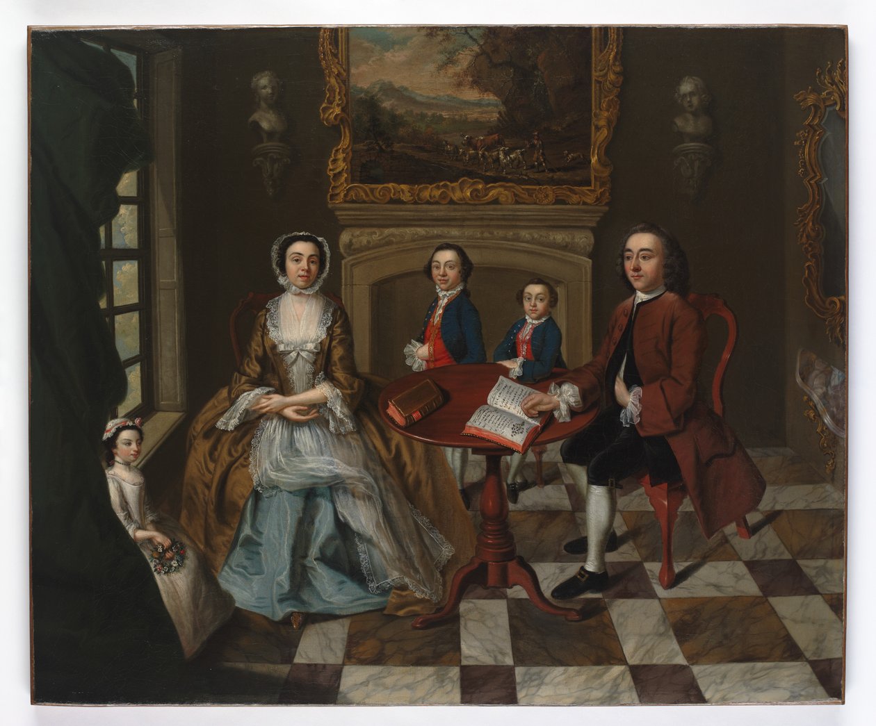 Porträt einer Familie in einem Innenraum, vermutlich die Familie Roubel, 1750er Jahre von English School
