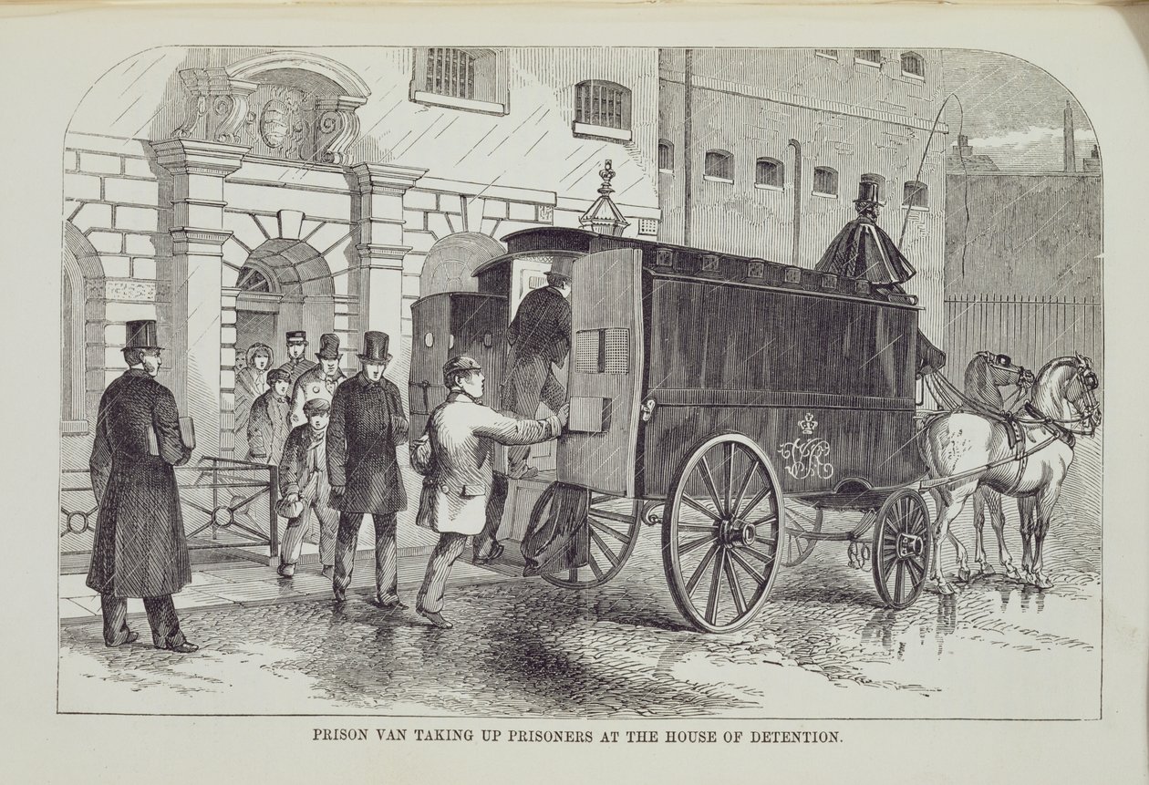 Gefängniswagen, der Gefangene im Haus der Haft aufnimmt, aus The Criminal Prisons of London and Scenes of Prison Life von Henry Mayhew (1812-87) und John Binny, 1862 von English School