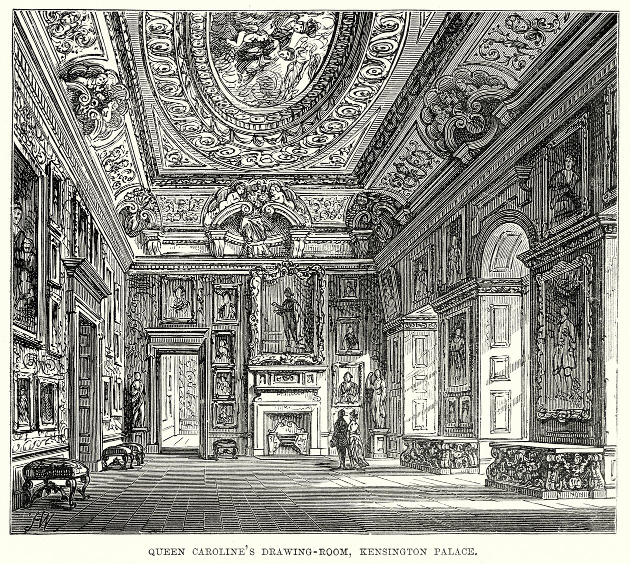 Queen Carolines Salon, Kensington Palace (Gravur) von English School