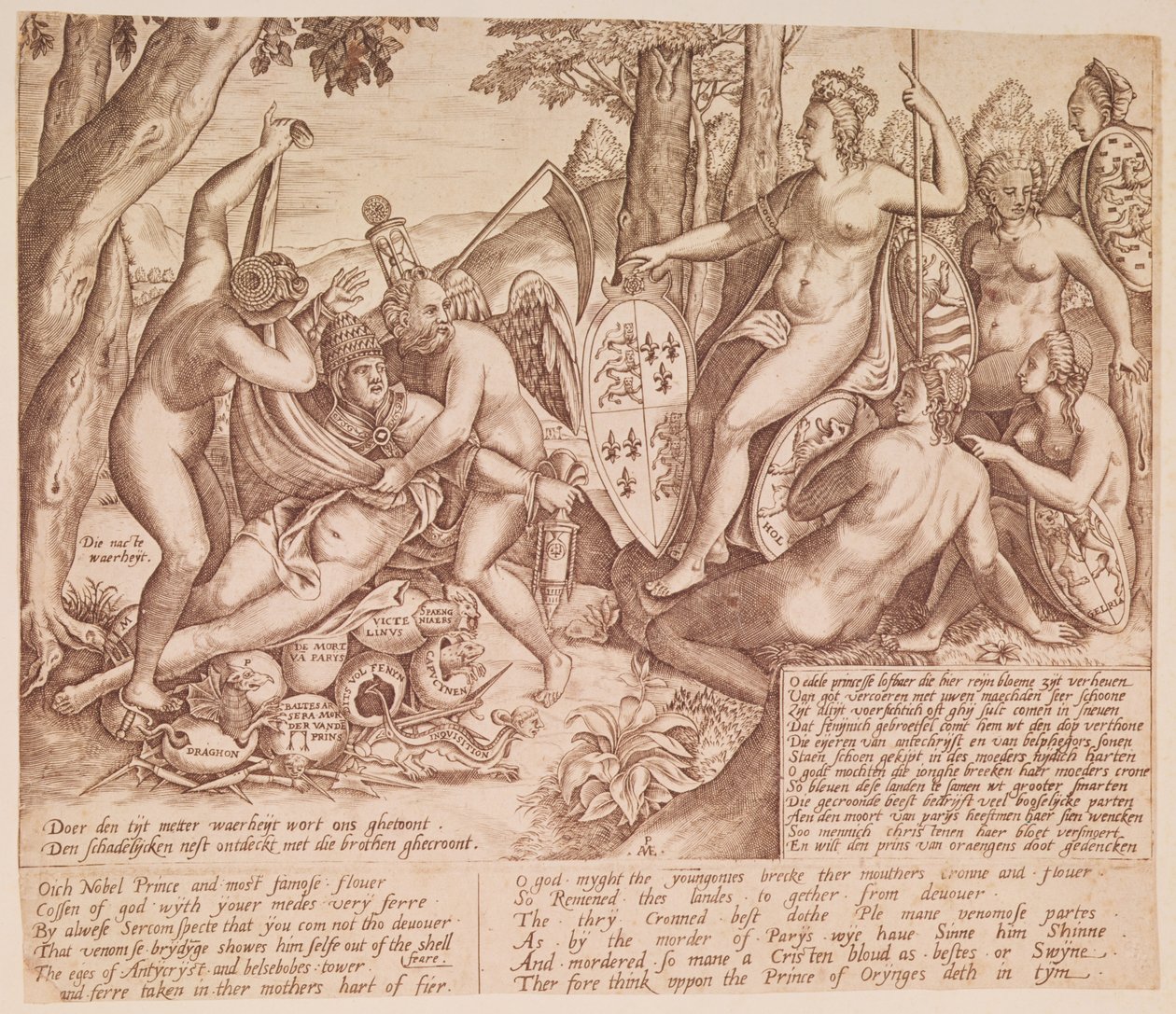 Königin Elisabeth I. von England als Göttin Diana, sitzend im Urteil über Papst Gregor XIII. von English School