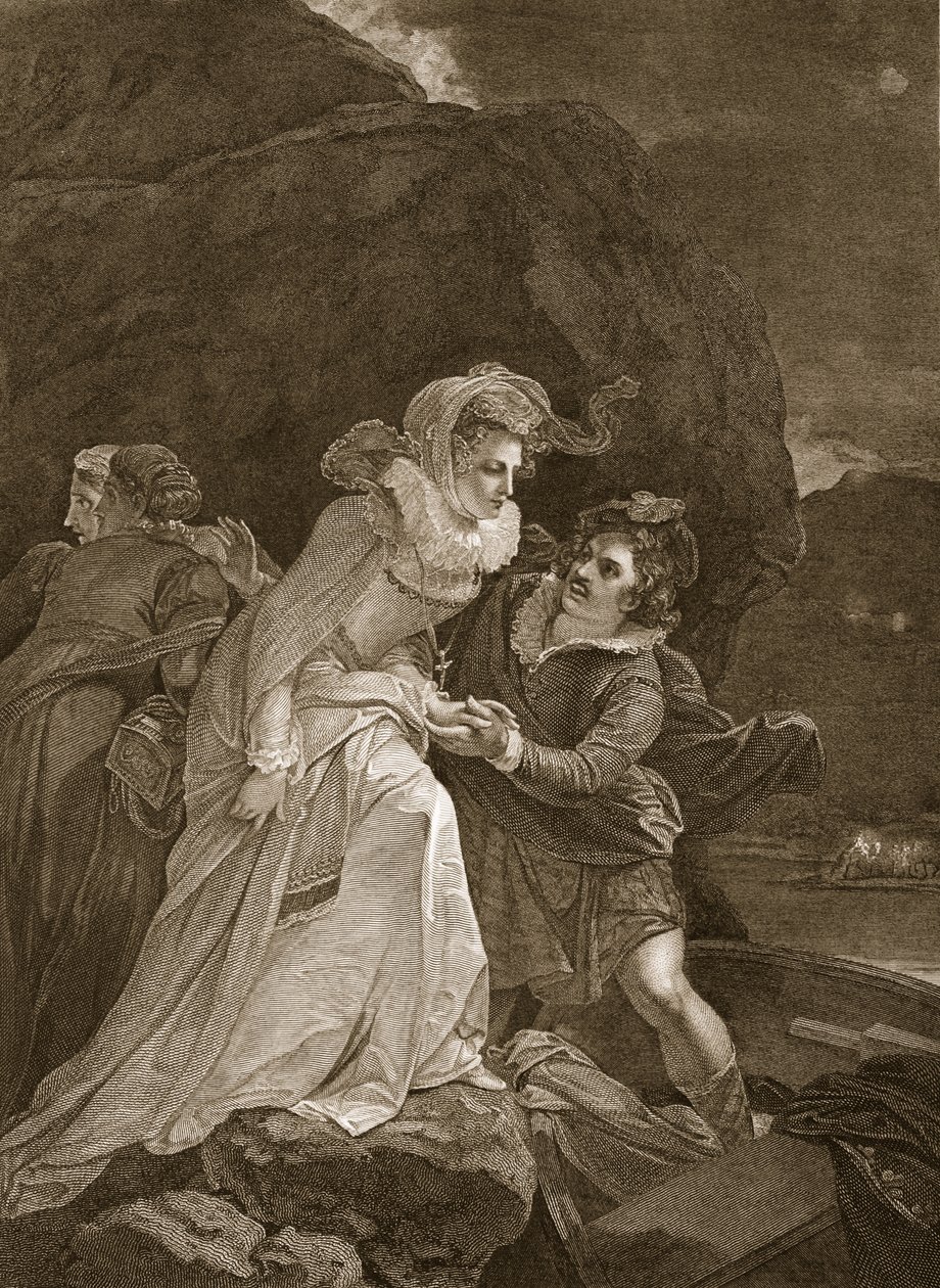 Königin Maria flieht aus der Burg Loch Leven, Illustration aus David Humes The History of England, veröffentlicht von R. Bowyer, London, 1812 von English School