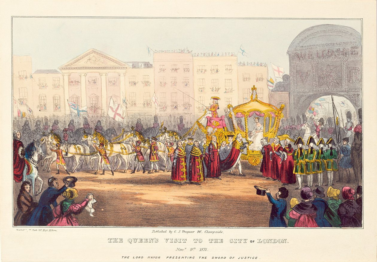 Königin Victoria betritt die City of London am Temple Bar, graviert von G. Tregear, 1837 von English School