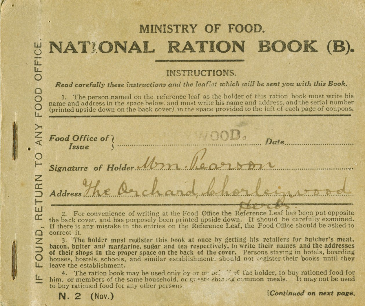 Rationsbuch für William Pearson, Chorleywood, Hertfordshire, 1919 von English School
