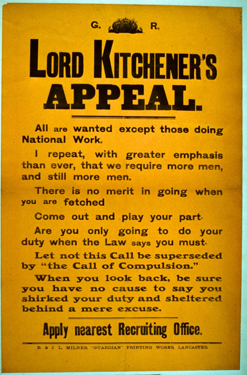 Rekrutierungsplakat - Lord Kitcheners Aufruf, 1914-18 von English School