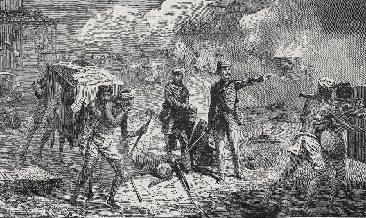 Evakuierung der Kranken und Verwundeten in Lucknow von der Residenz nach Dilkoosha in der Nähe der Stadt von English School