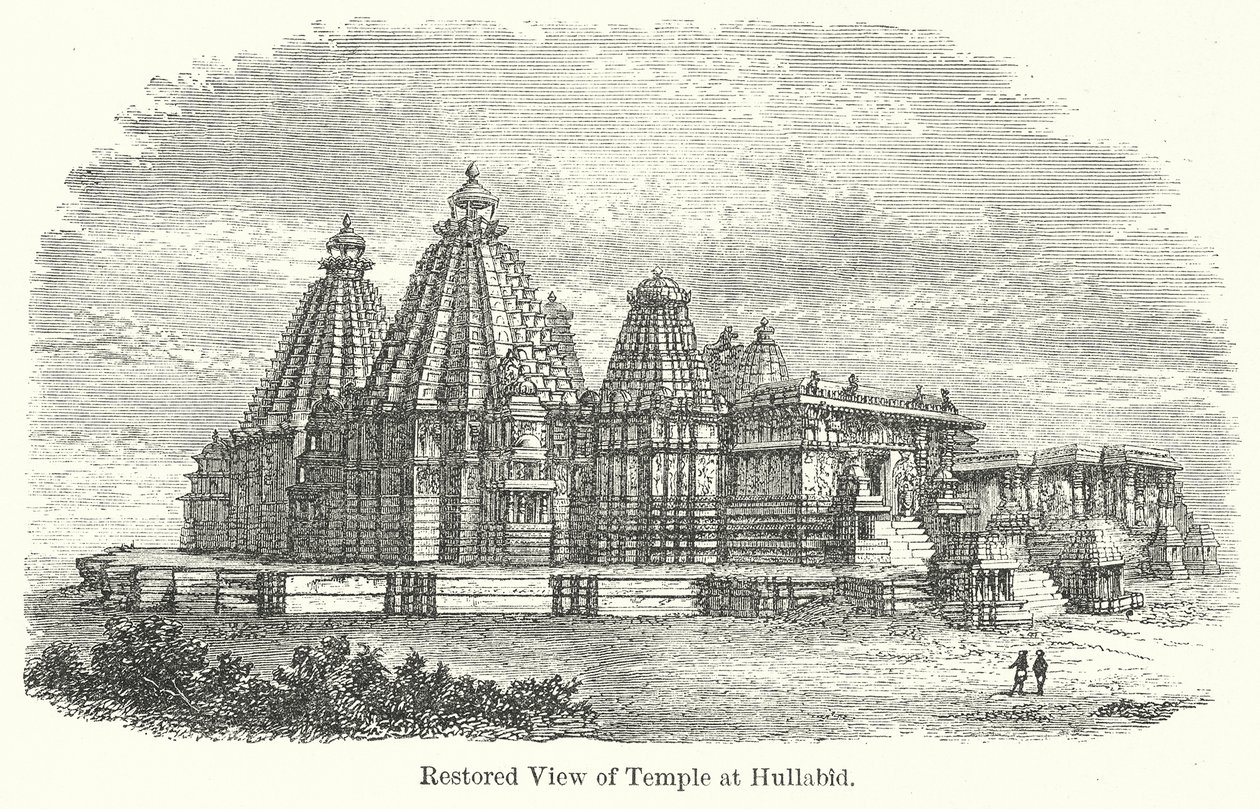Wiederhergestellte Ansicht des Tempels in Hullabid (Gravur) von English School