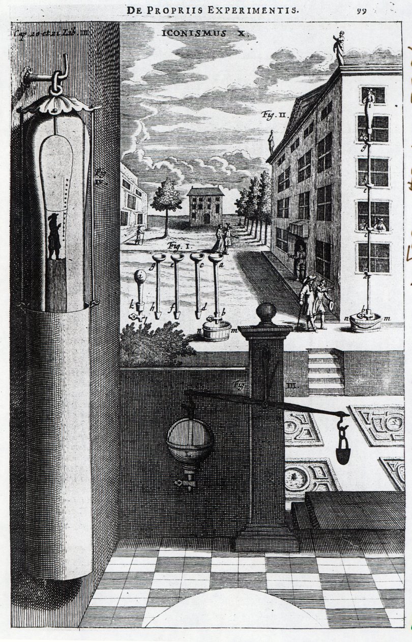 Robert Boyles Entwürfe und Ideen für die Vakuumpumpe, veröffentlicht 1669 von English School