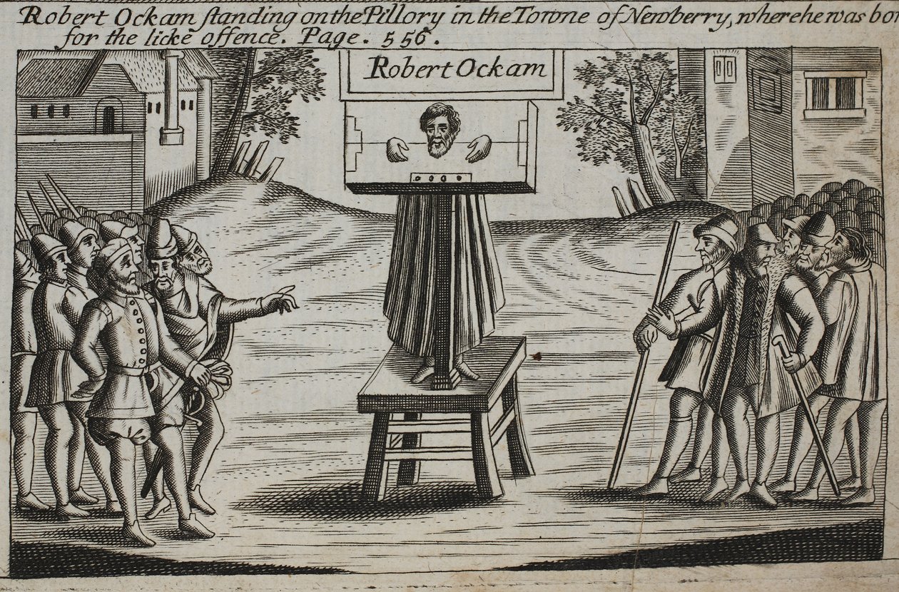 Robert Ockam auf dem Pranger in der Stadt Newberry, wo er geboren wurde, Illustration aus Acts and Monuments von John Foxe, neunte Ausgabe, veröffentlicht 1684 von English School