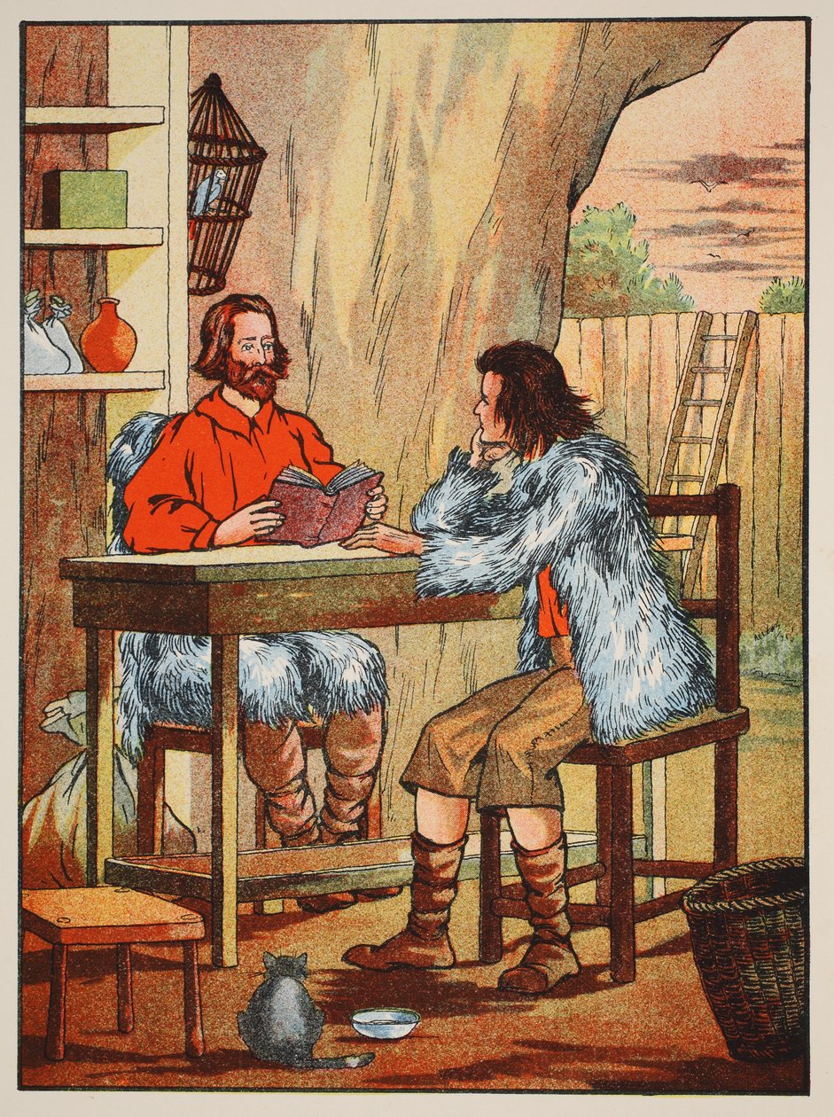 Robinson Crusoe und Freitag, Illustration aus Die Geschichte von Robinson Crusoe: Eine Adaption für Kinder nach Defoes Sprache, veröffentlicht von Griffith Farran Browne & Co. Limited, London von English School