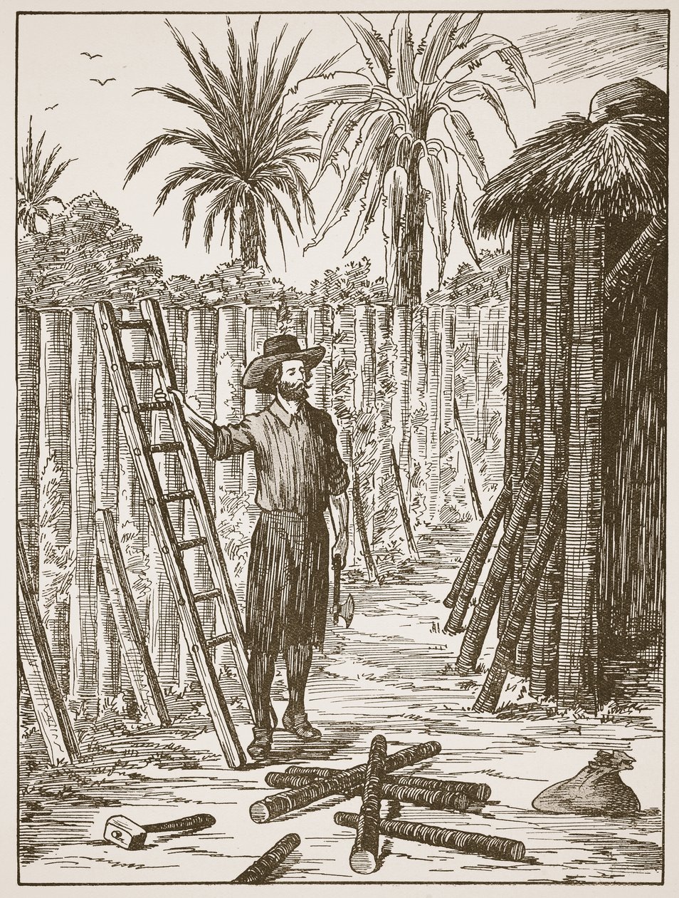 Robinson Crusoe baut seine Laube, Illustration aus Die Geschichte von Robinson Crusoe: Eine Adaption für Kinder nach Defoes Sprache, veröffentlicht von Griffith Farran Browne & Co. Limited, London von English School