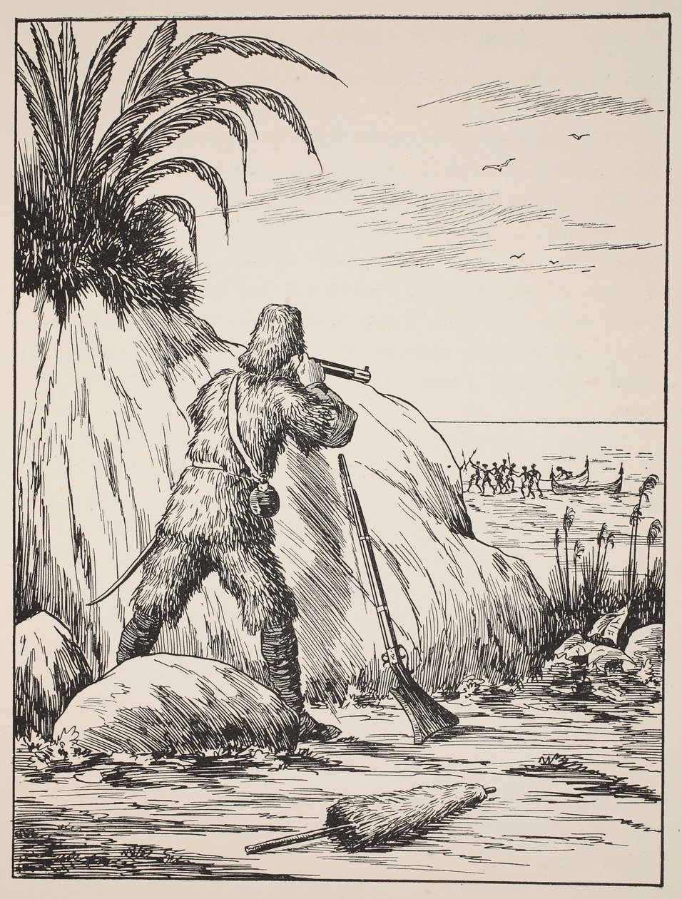 Robinson Crusoe, Illustration aus Die Geschichte von Robinson Crusoe: Eine Adaption für Kinder nach Defoes Sprache, veröffentlicht von Griffith Farran Browne & Co. Limited, London von English School