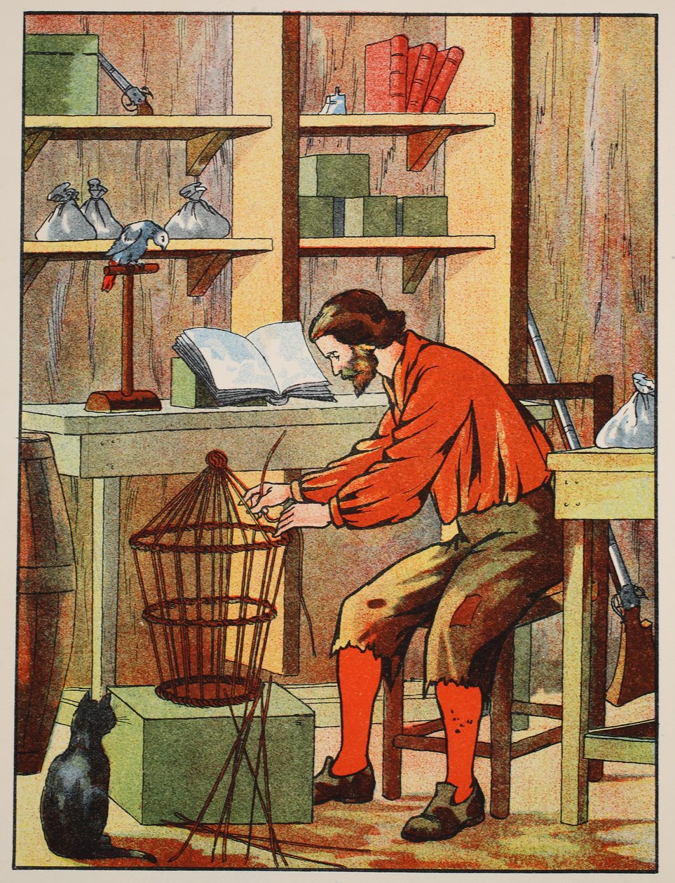 Robinson Crusoe baut einen Käfig für seinen Papagei, Illustration aus Die Geschichte von Robinson Crusoe: Eine Adaption für Kinder nach Defoes Sprache, veröffentlicht von Griffith Farran Browne & Co. Limited, London von English School