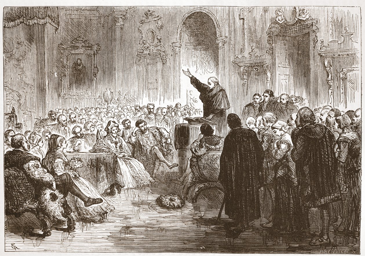 Roussel predigt im Louvre, Illustration aus Die Geschichte des Protestantismus von James Aitken Wylie, veröffentlicht 1878 von English School