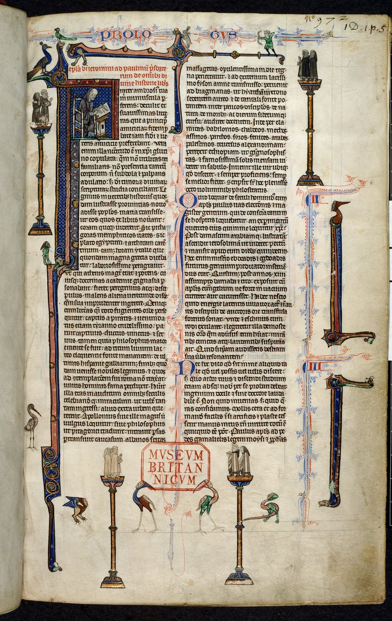 Royal 1 D I, f.1r, Hieronymus, Mönche auf Säulen, aus der Bibel von William of Devon (Pergament) von English School