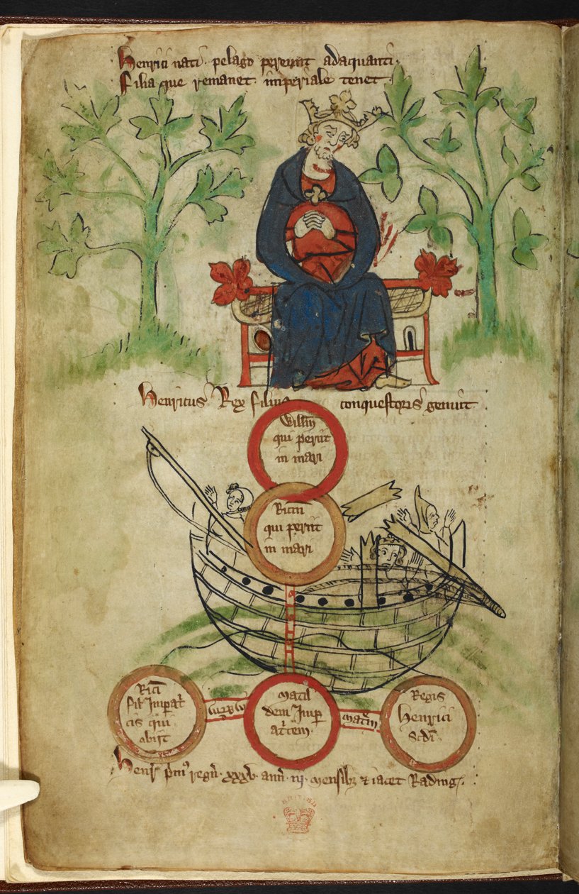 König Heinrich I. auf seinem Thron, trauernd, Illustration aus der 