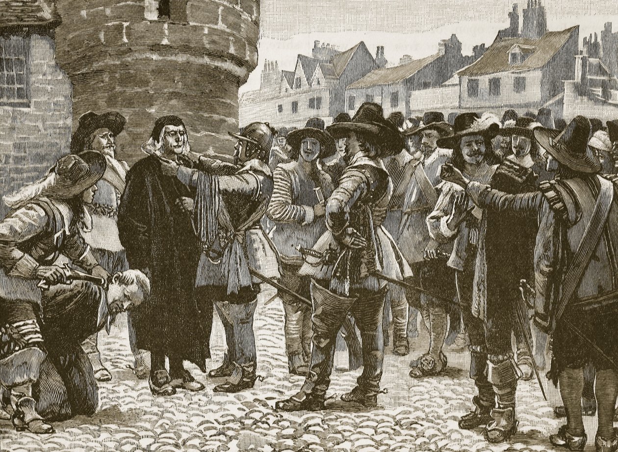 Royalistische Verschwörer in Salisbury beleidigen den Sheriff, Illustration aus Cassells Illustrierter Geschichte Englands von English School