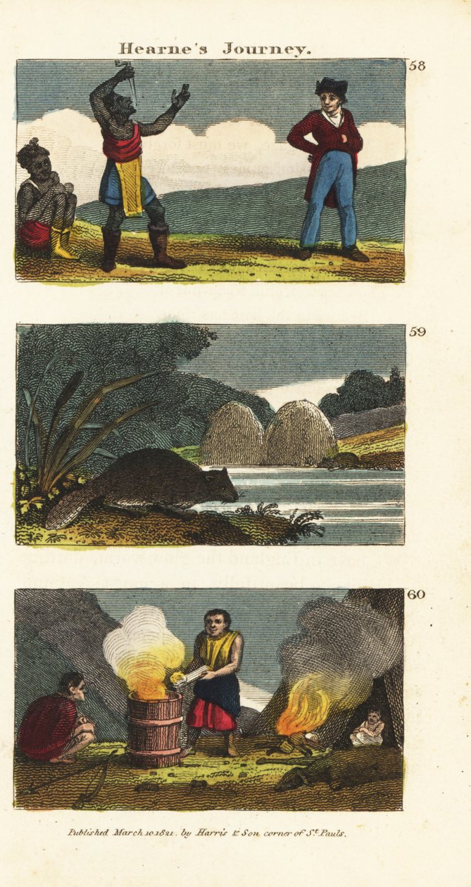 Samuel Hearne beobachtet einen indianischen Schwertschlucker, Nordamerikanischer Biber, Castor canadensis und Indianer kochen Wasser in einem Holzfass mit heißen Steinen von English School
